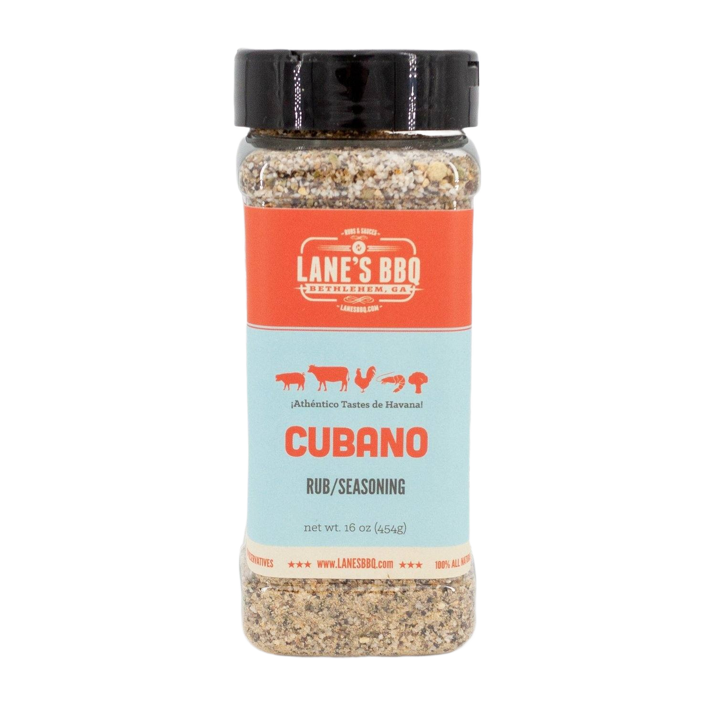 Clear plastic bottle of Lane's Cubano Rub seasoning with black lid and orange blue label for grilling and BBQ use