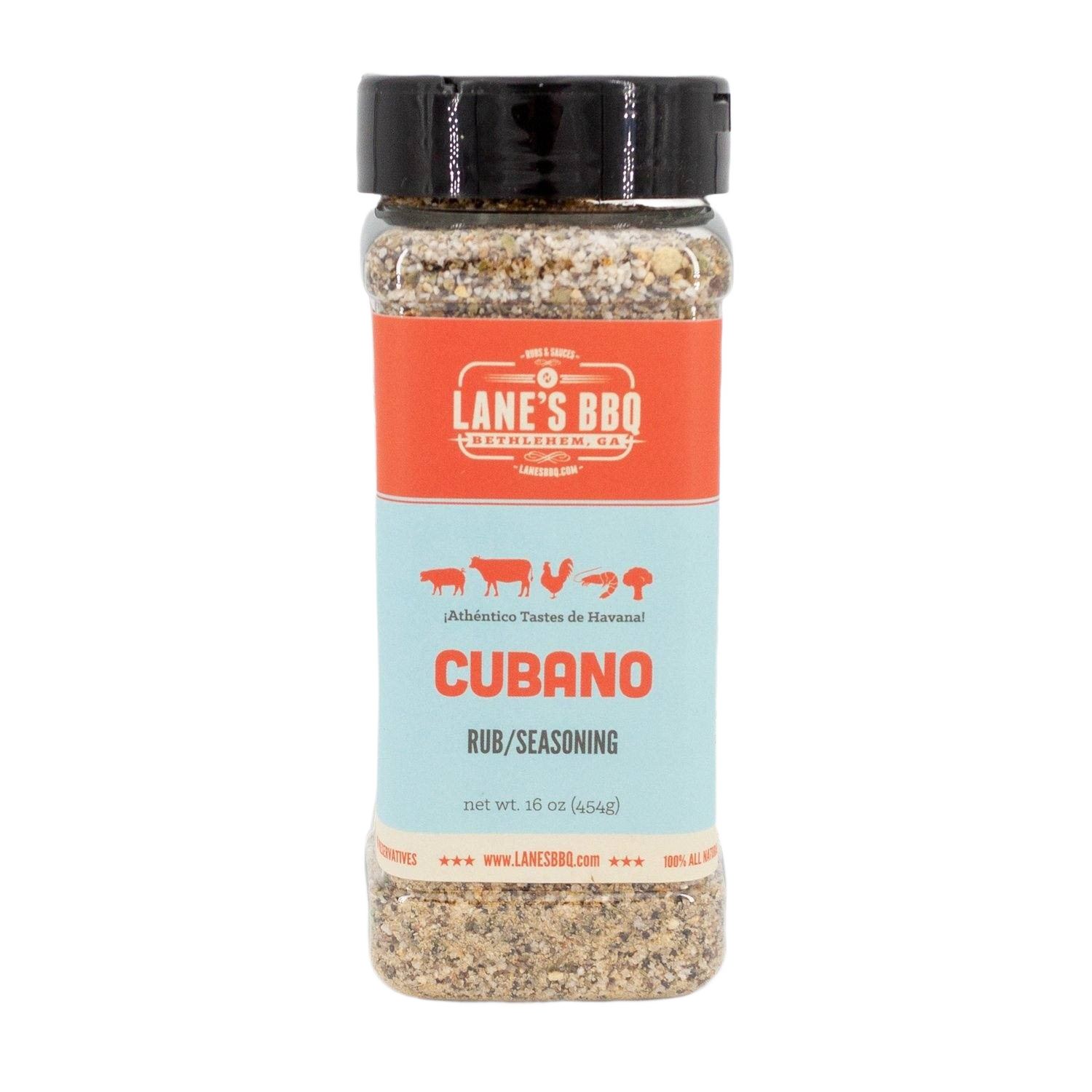 Clear plastic bottle of Lane's Cubano Rub seasoning with black lid and orange blue label for grilling and BBQ use