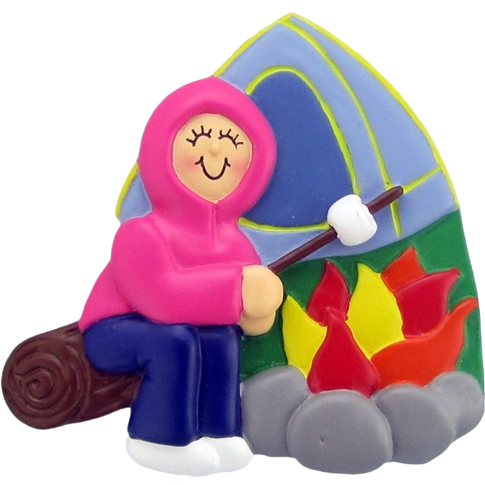 Female camper figurine in pink hoodie roasting marshmallow by campfire with blue tent backdrop from Christmas Ornaments collection