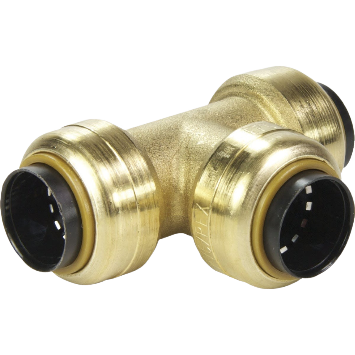 Brass push-to-connect tee fitting with three openings for pipes in plumbing and push fittings collections under $50