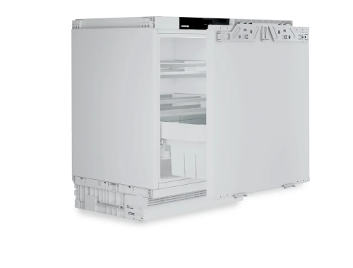 Partially open white undercounter refrigerator drawer with pull-out compartment and panel-ready front, suitable for refrigerators, kitchenware, and home improvement collections.