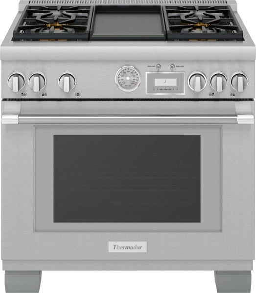 Stainless steel dual fuel professional range with six control knobs and built-in timer in Thermador appliances collection