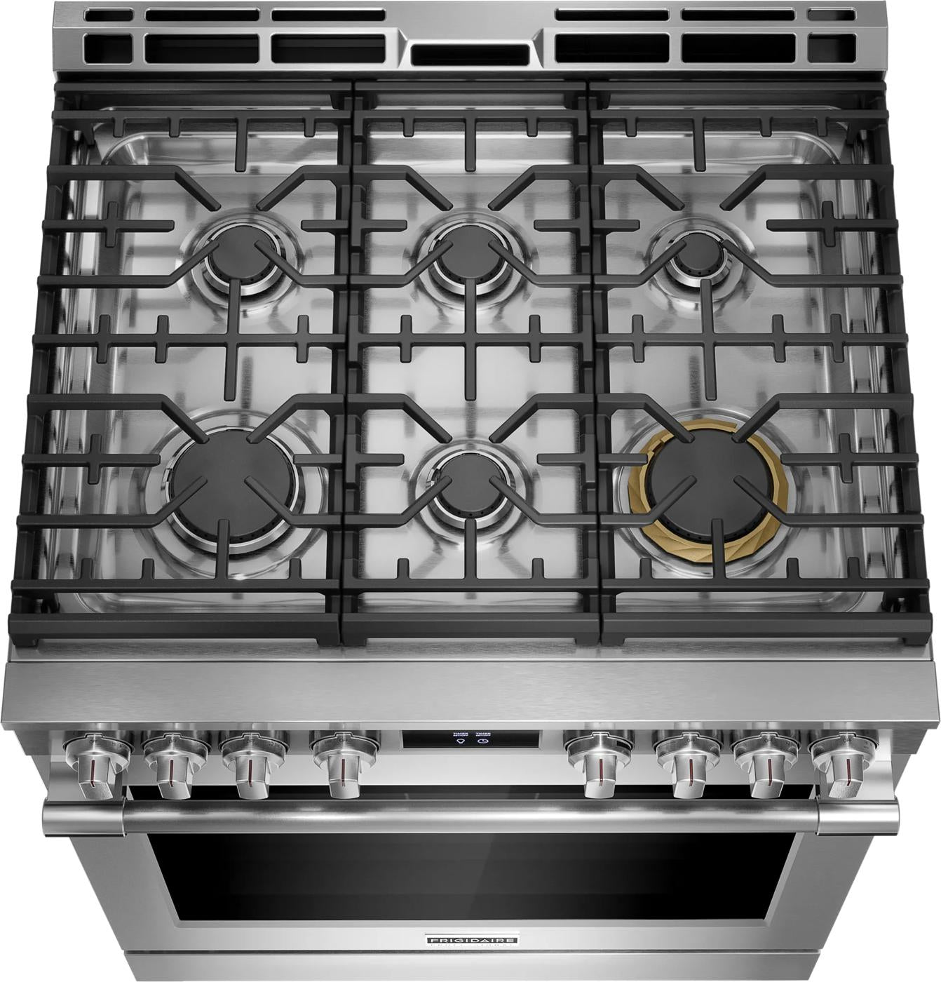 Top view of stainless steel gas range with six burners and control knobs in Ranges and Kitchen & Kitchenware collections