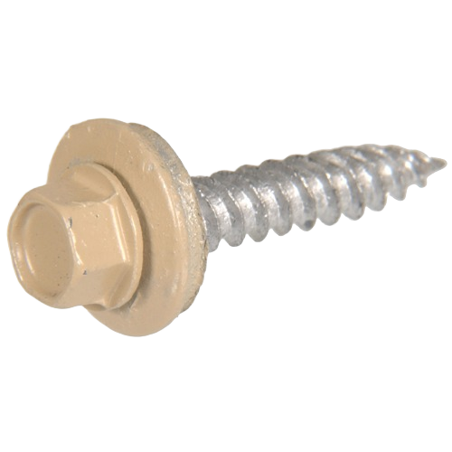 Tan painted self-piercing sheeter screw with hex washer head for fastening metal to wood and building materials under $50