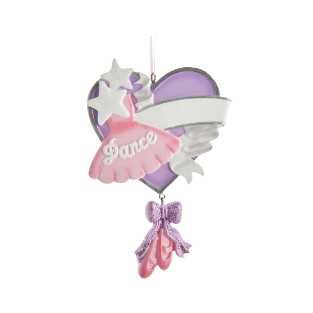 Purple heart ornament featuring pink ballet tutu with "Dance" text, stars, and ballet slippers for Christmas décor under $50 collections