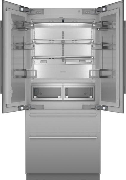 Open stainless steel French door refrigerator with spacious interior, adjustable shelves, and bottom freezer drawer in kitchen appliances collection