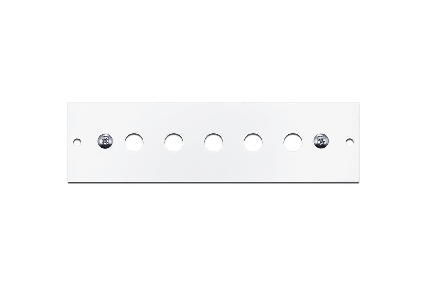 White metal control panel plate with six circular cutouts and two screws for kitchen and home improvement tools