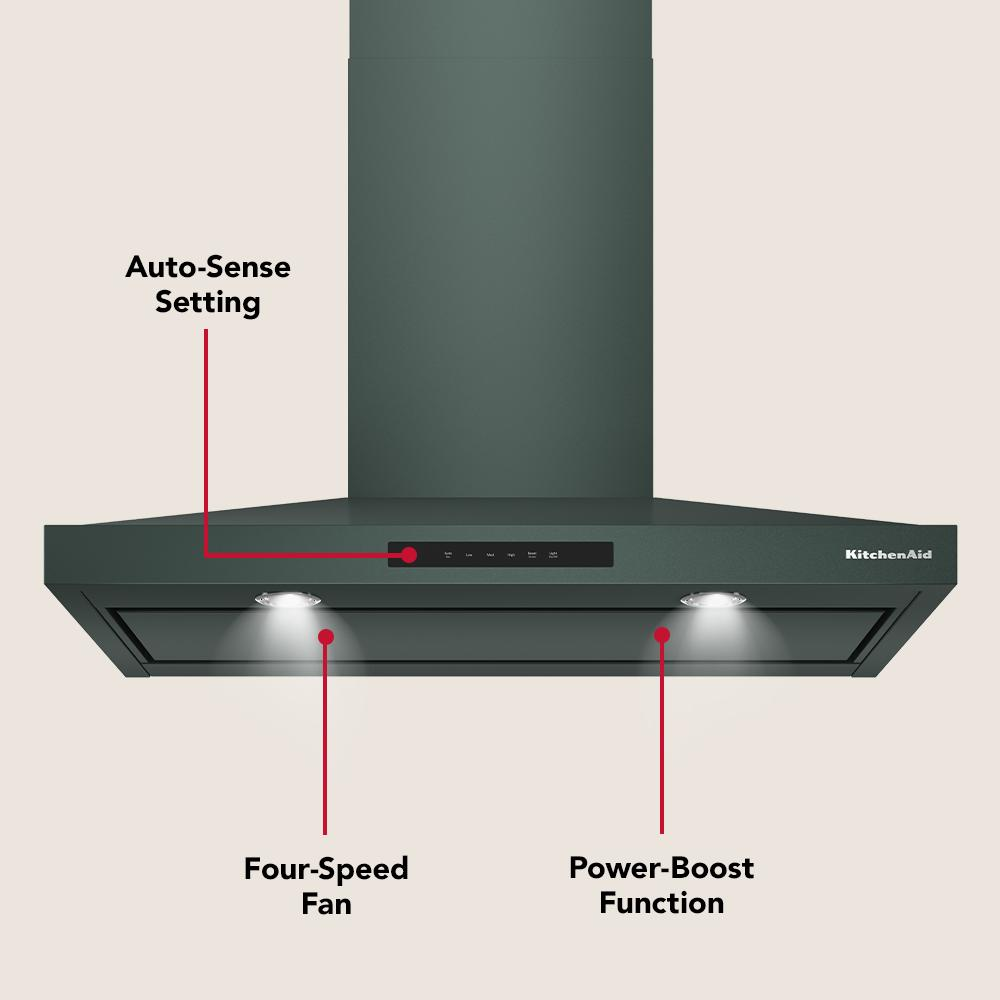 Dark green wall-mount canopy hood with Auto-Sense, four-speed fan, and Power-Boost for kitchen ventilation