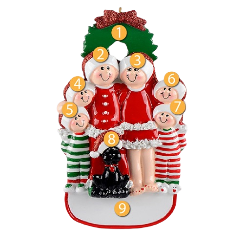 Personalized festive family of six with black dog ornament wearing Santa hats in Christmas decorations under $50 collection