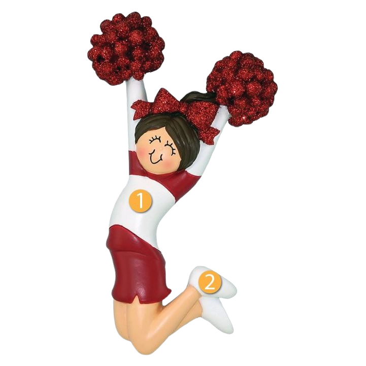 Personalized brunette cheerleader ornament with red uniform and glittery pom-poms in Christmas Ornaments & Tree Decorations collection