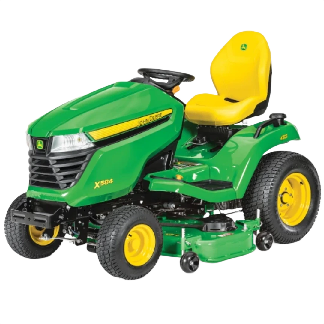 Green and yellow John Deere X584 lawn tractor with no deck and comfortable yellow seat for tools and home improvement tasks