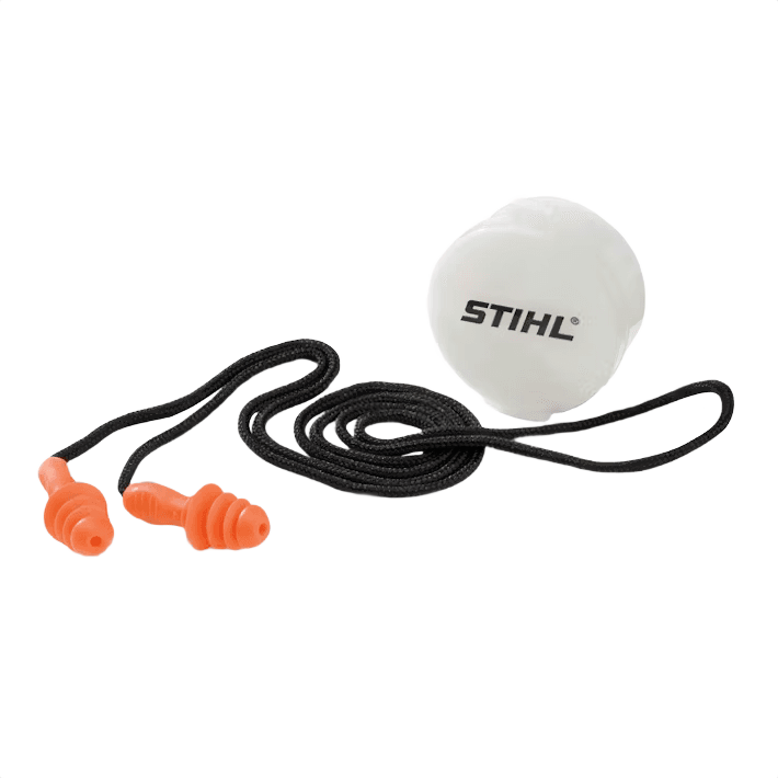 Reusable orange ear plugs with tapered design and black cord, including branded white carrying case for hearing protection gear