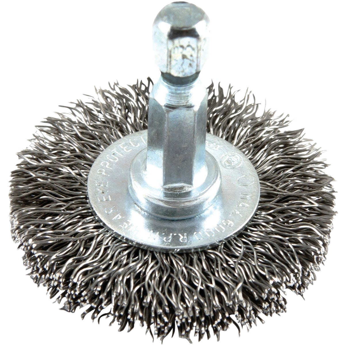 Coarse drill-mounted wire wheel brush with crimped steel wires for light to medium duty in tool and woodworking accessories collections