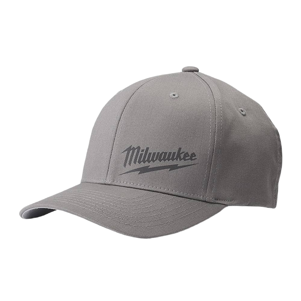Gray fitted cap with embroidered Milwaukee logo, designed for tools and home improvement enthusiasts