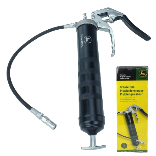 Black pistol grip grease gun with flexible hose and metal fittings for tools and home improvement tasks