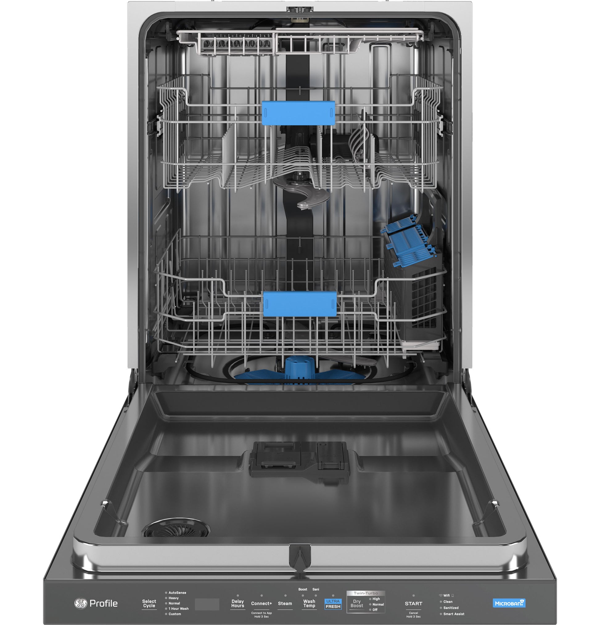 Open stainless steel dishwasher interior with adjustable racks and visible control panel from Kitchen & Kitchenware collection