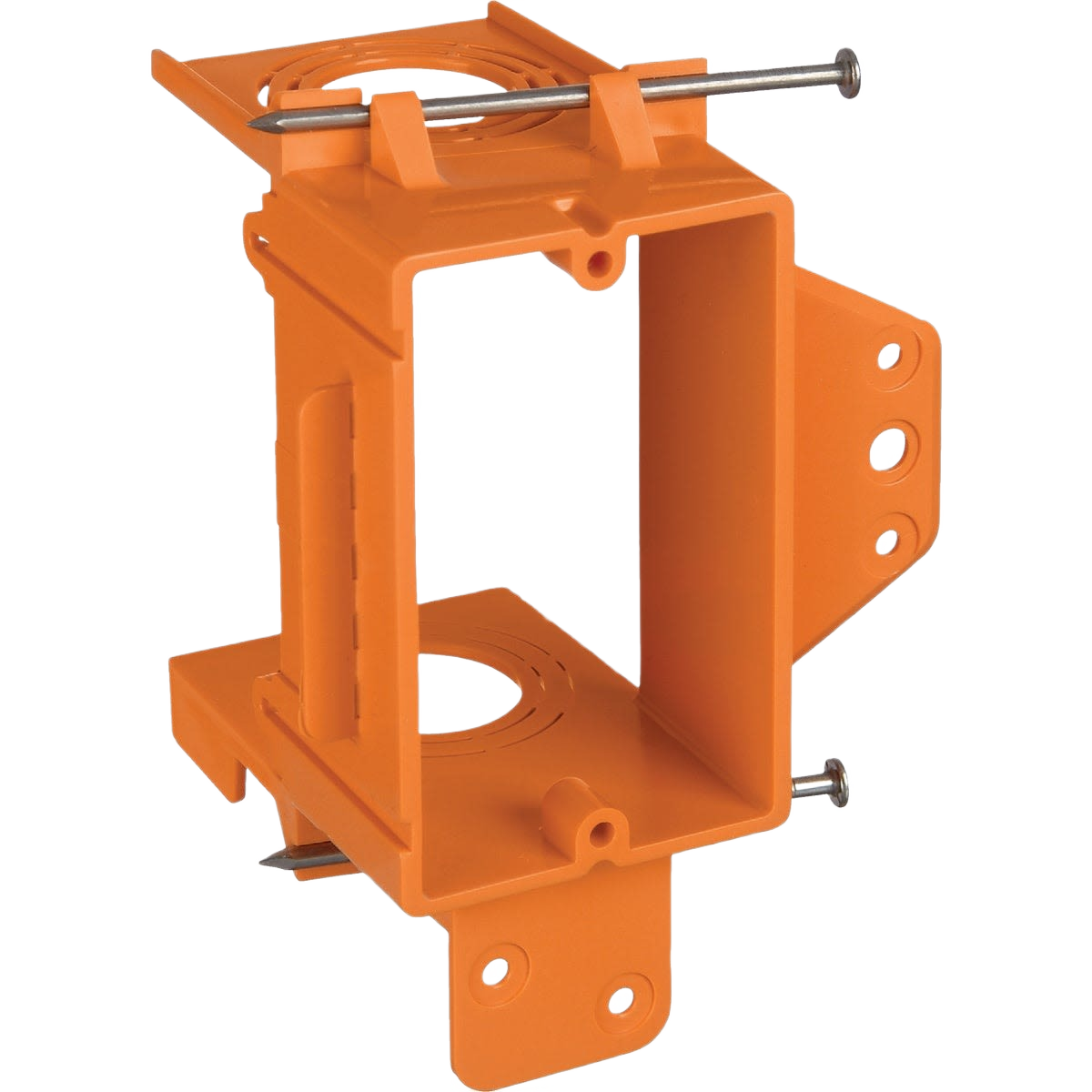 Orange plastic low voltage box bracket with mounting screws for home improvement electrical installations