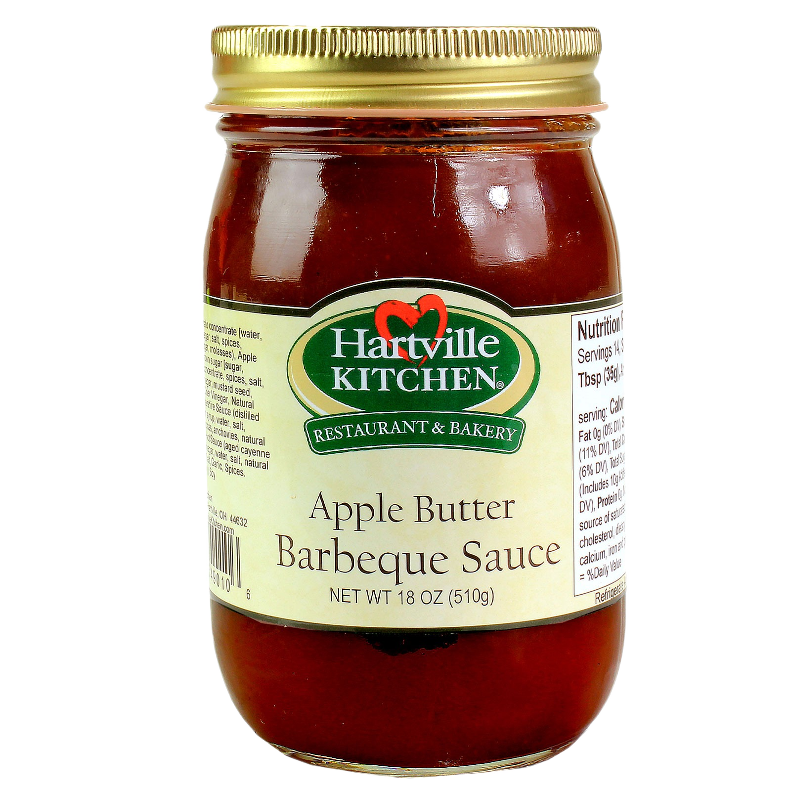 Glass jar of apple butter barbecue sauce with gold lid from Hartville Kitchen in sauces and food beverage collections