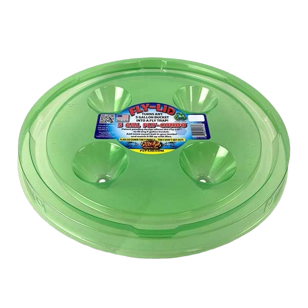 Green plastic fly lid designed to convert 5-gallon buckets into safe insect traps for pest control use