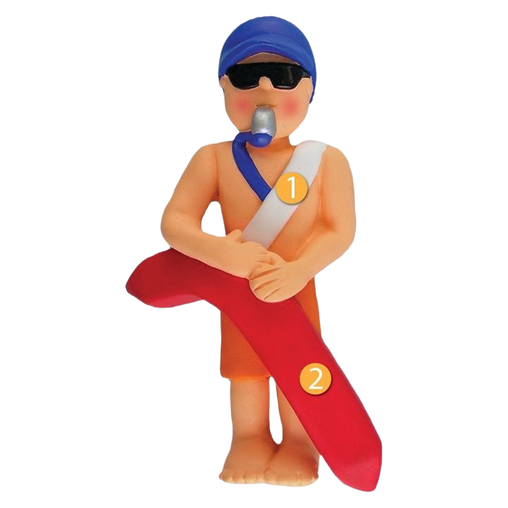 Personalized male lifeguard figurine ornament with whistle, sunglasses, swim cap, and red rescue buoy for holiday decor
