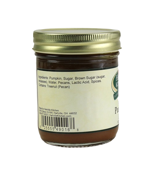 Back view of Hartville Kitchen pecan pumpkin butter jar showing ingredients label and gold metal lid in food and beverage collection