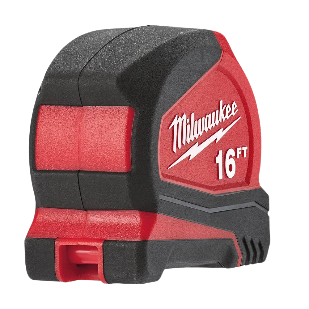 Compact red and black Milwaukee 16-foot tape measure with reinforced frame for hand tools and measuring tools collections