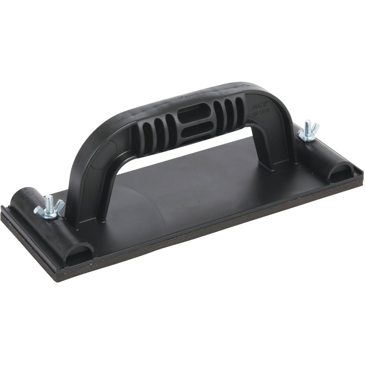 Black plastic hand sander with ergonomic grip and adjustable clamps for drywall and home improvement tasks