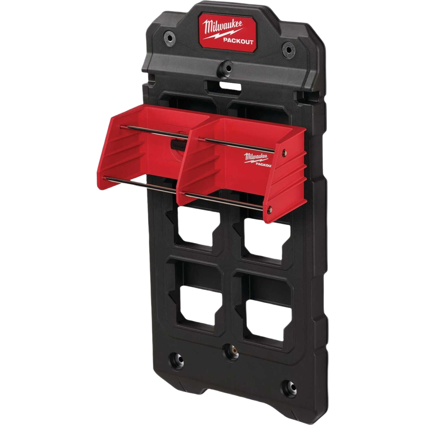 Red and black storage rack with metal bars for securing tools in home improvement and organization tasks