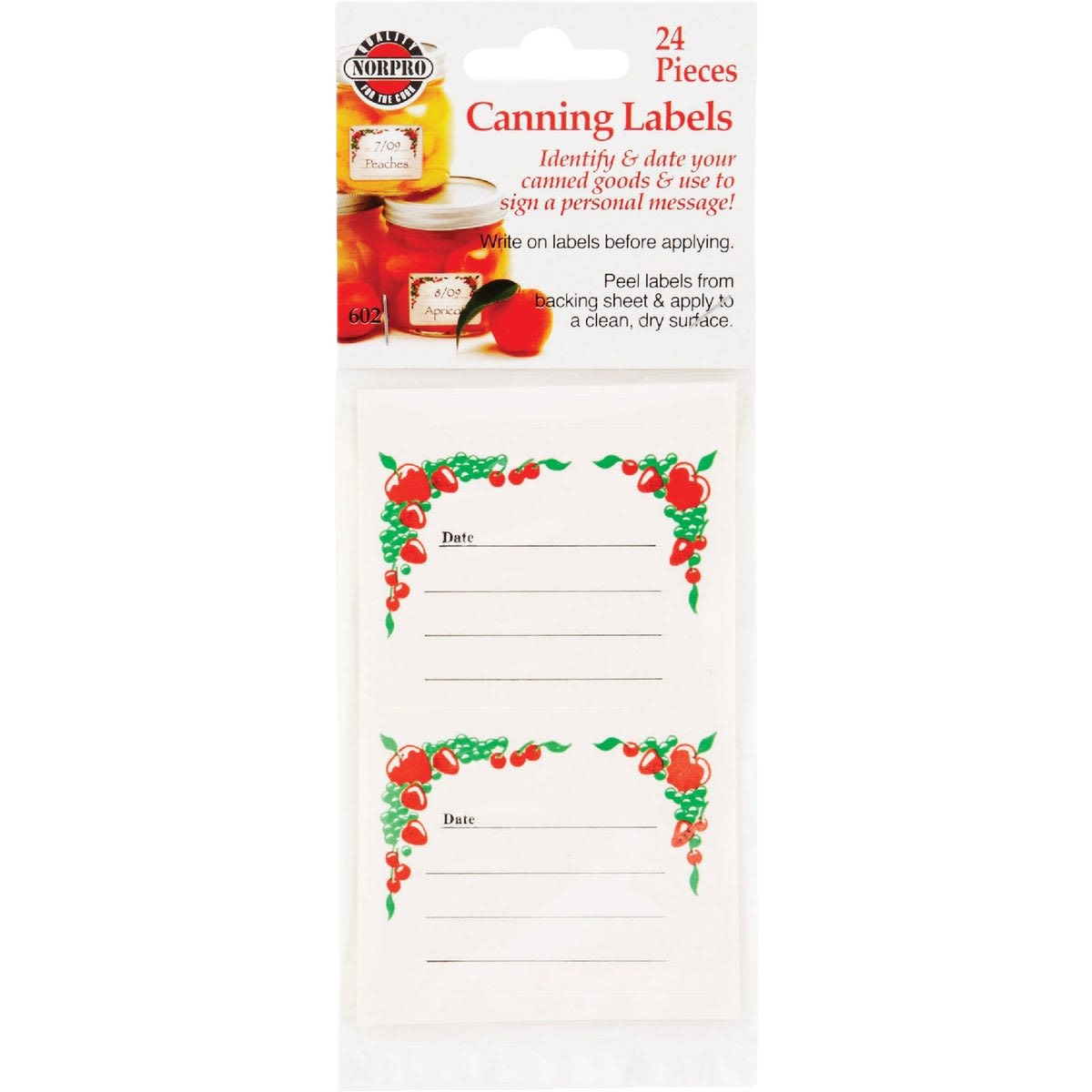 Pack of 24 decorative canning jar labels with red fruit border and spaces to write date and notes for home use