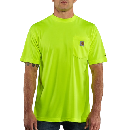 Bright lime short-sleeve performance shirt with chest pocket and moisture-wicking fabric, ideal for workwear in clothing and tops collections.