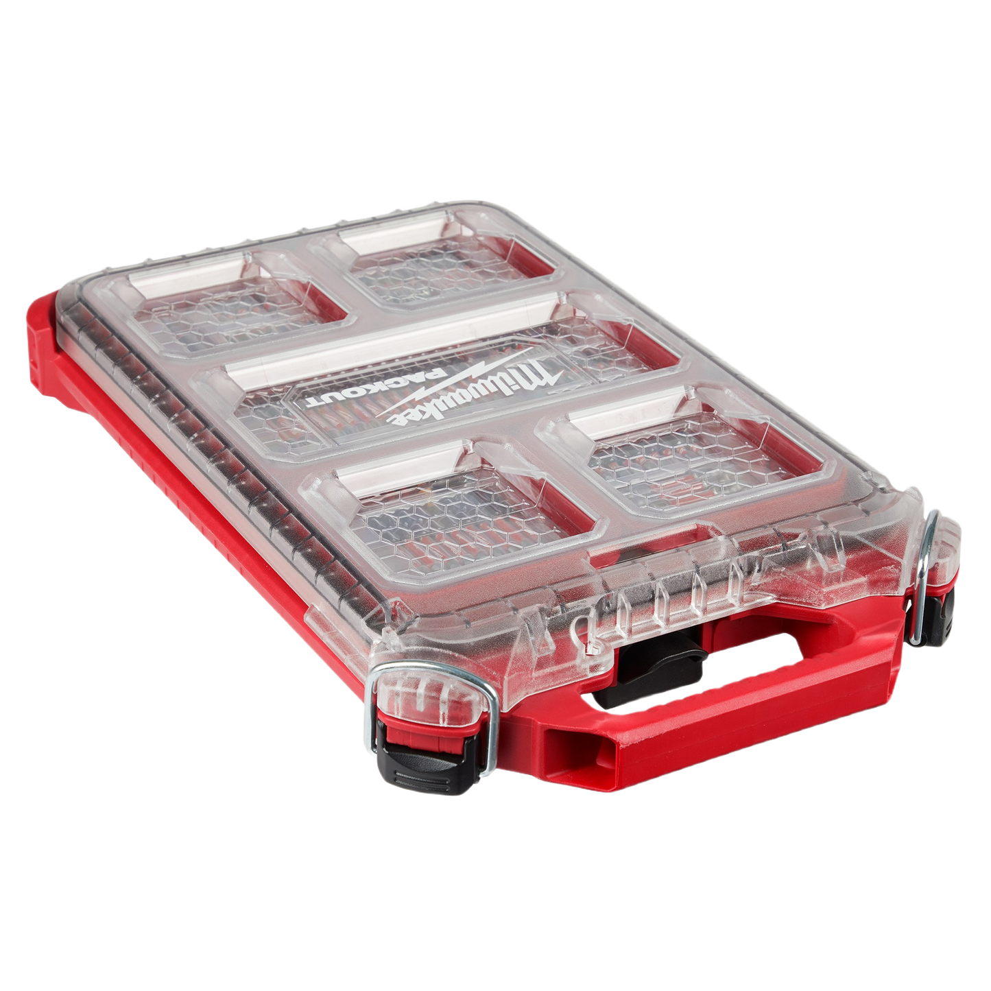 Compact red and clear Milwaukee PACKOUT™ case with secure latches for storing drill bits and tool accessories collections