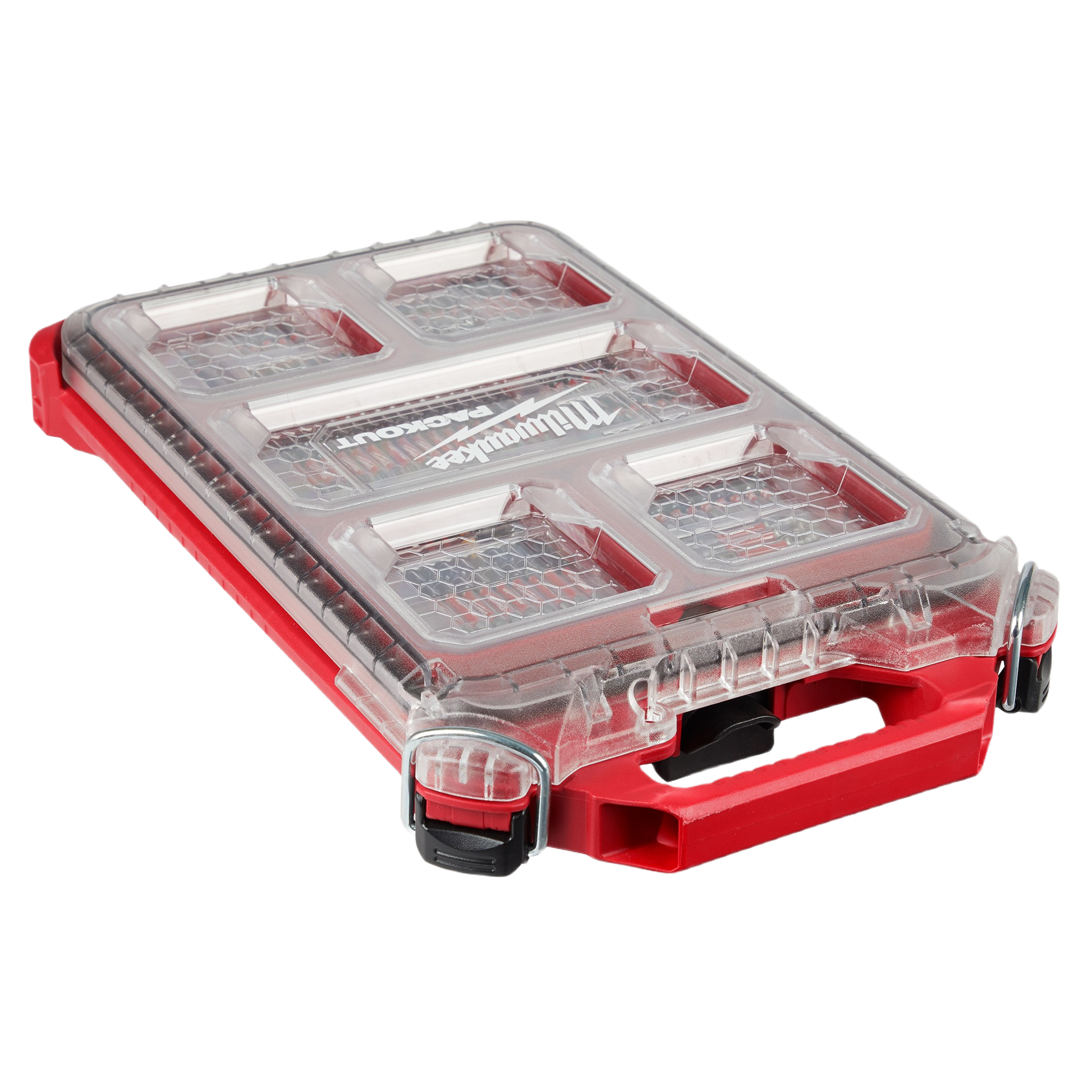 Compact red and clear Milwaukee PACKOUT™ case with secure latches for storing drill bits and tool accessories collections