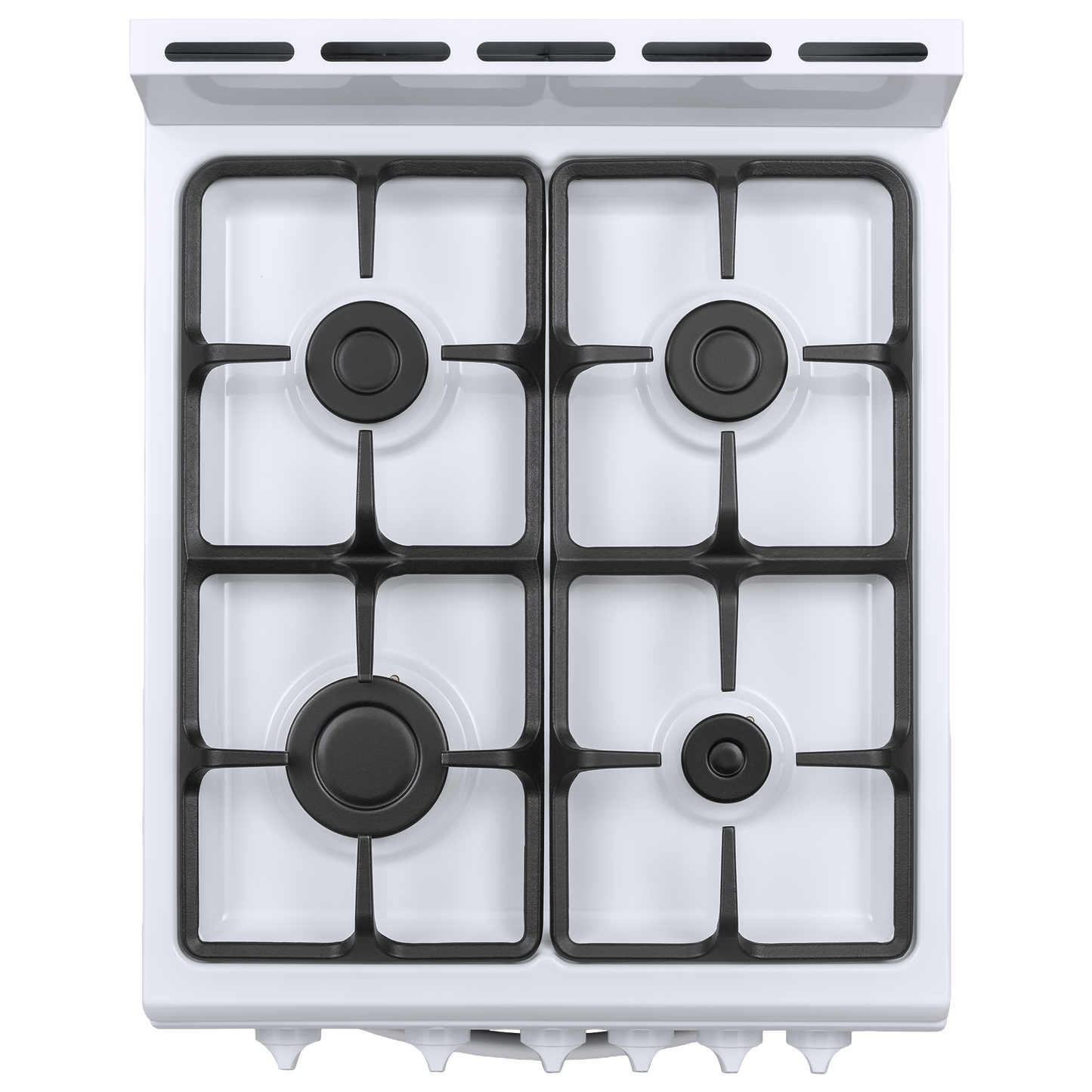 White four-burner gas cooktop with heavy-duty cast iron grates in kitchen appliance setting