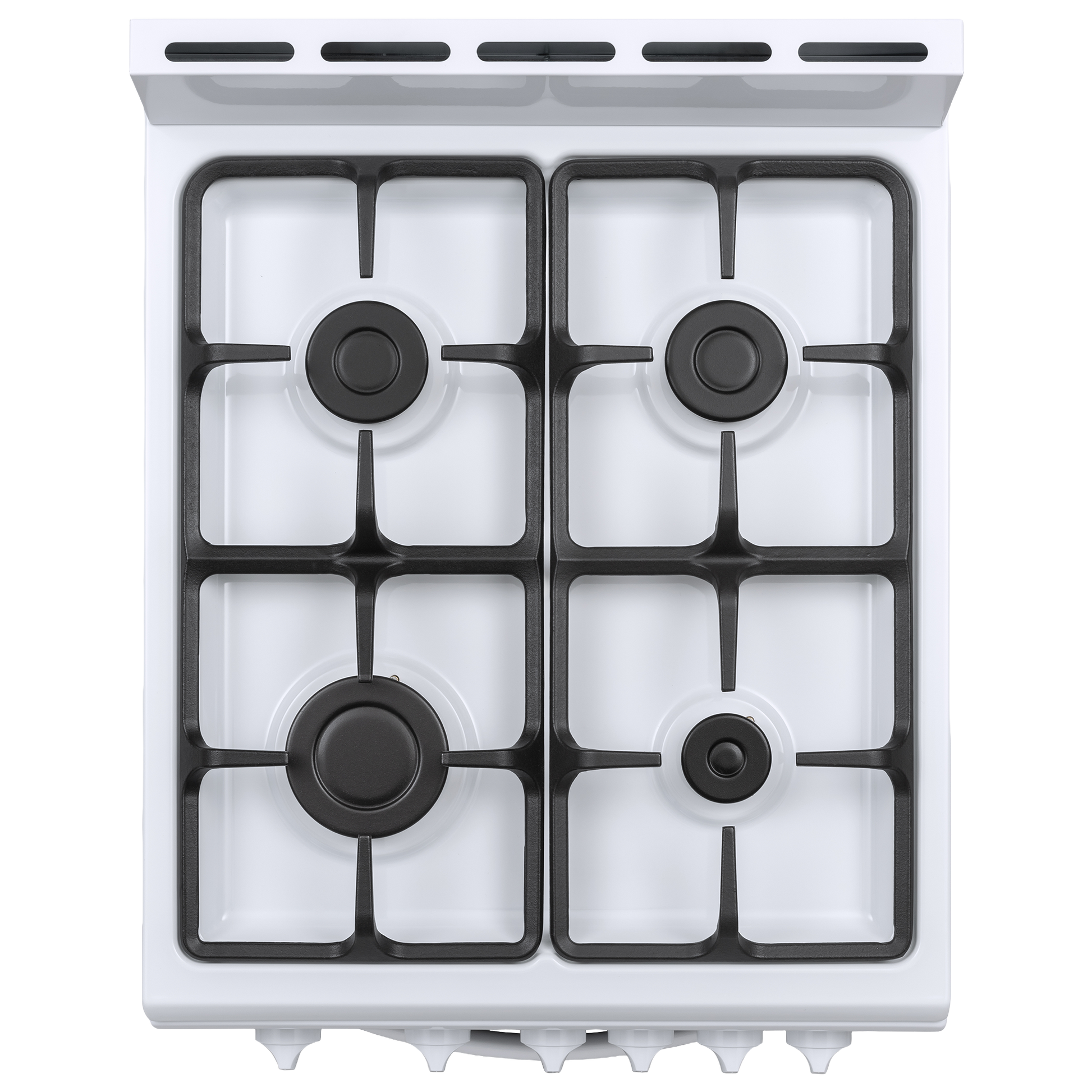 White four-burner gas cooktop with heavy-duty cast iron grates in kitchen appliance setting