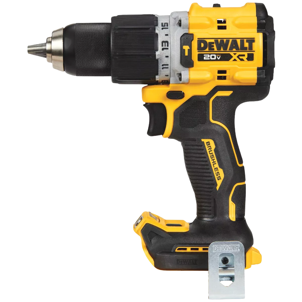Compact cordless hammer drill in yellow and black with adjustable clutch settings, brushless motor, and ergonomic grip for power tools and woodworking.
