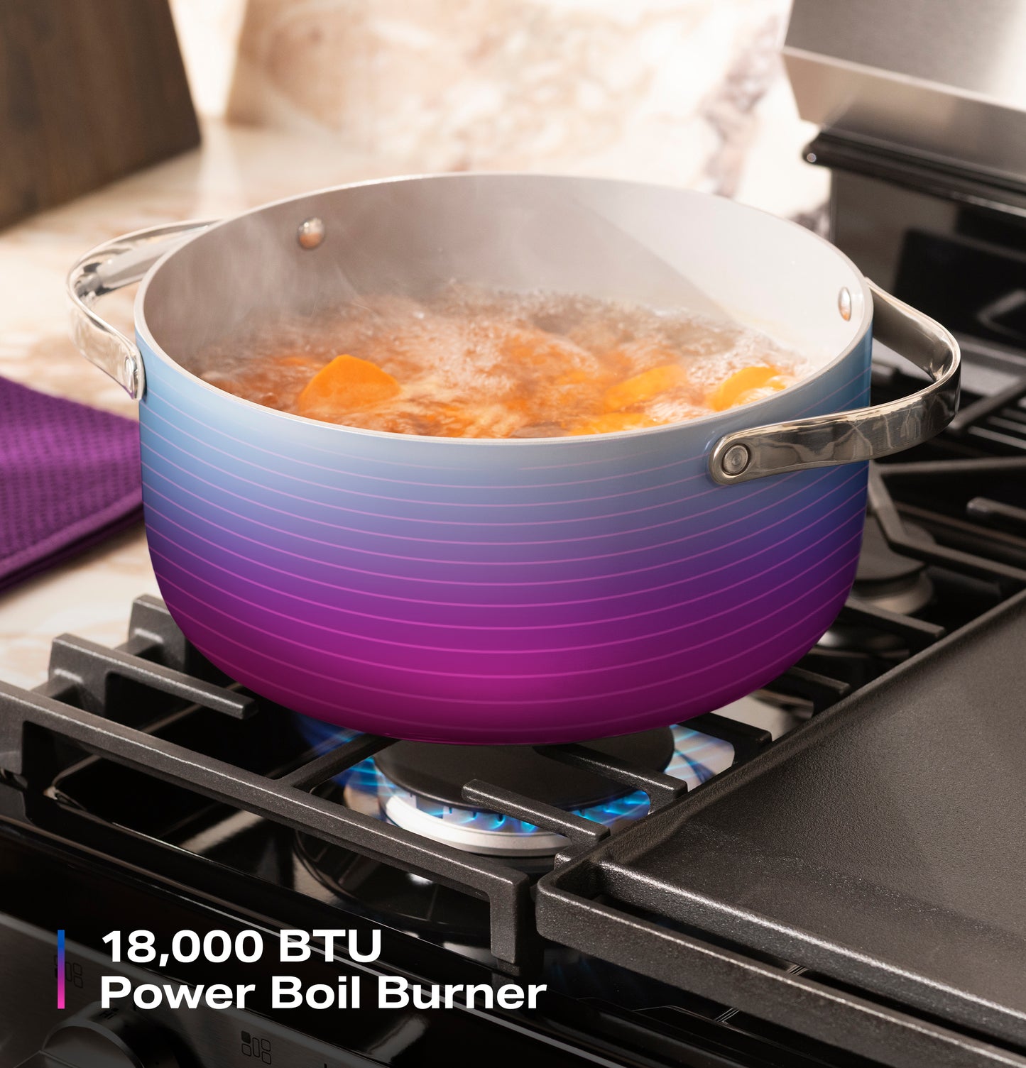 Blue and purple gradient pot boiling water with steam on gas range burner in kitchen appliances setting