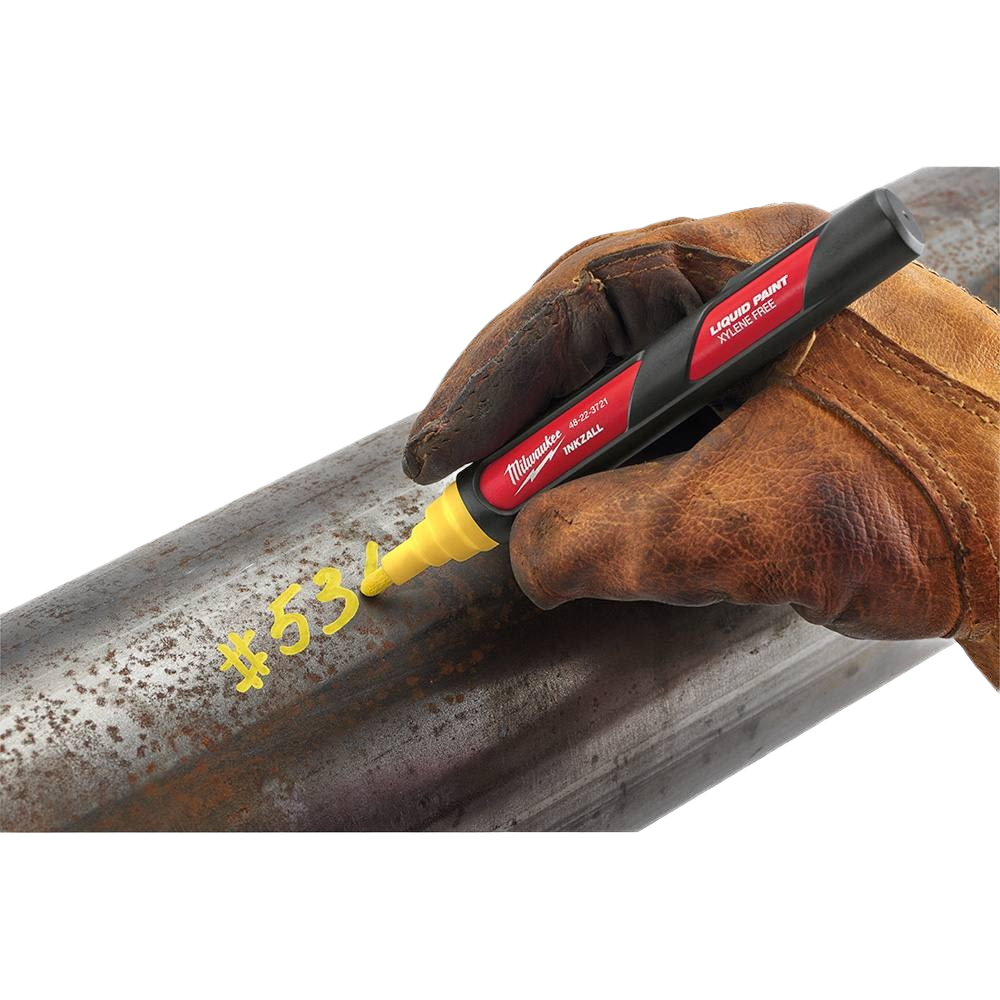 Yellow liquid paint marker with fine tip for durable markings on metal surfaces in tools and home improvement tasks