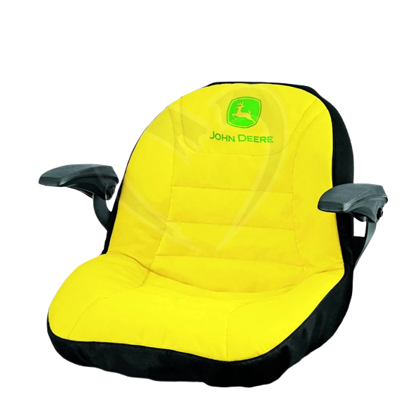Yellow and black John Deere seat cover with armrests designed for mower comfort and protection in automotive accessories collections