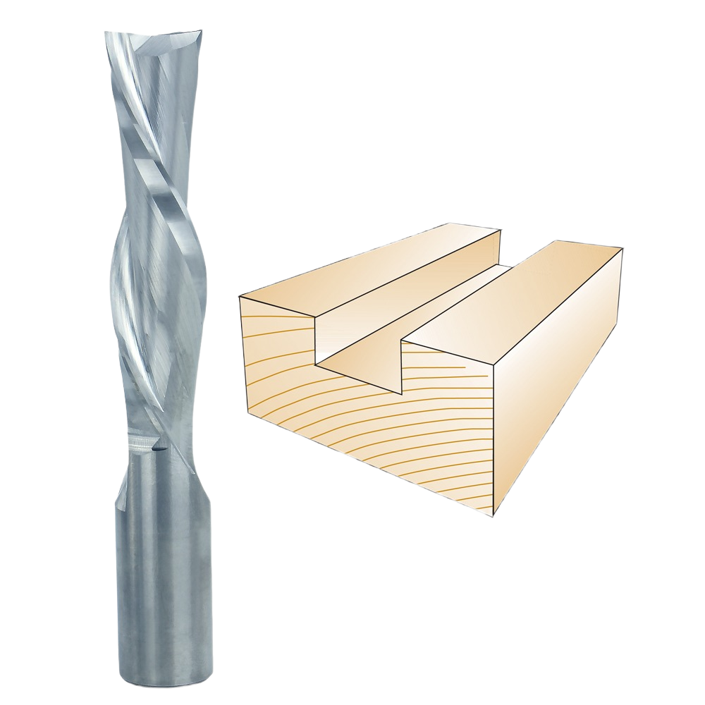 Spiral downcut bit alongside illustration of a clean, precise groove cut in wood for tool accessories collection