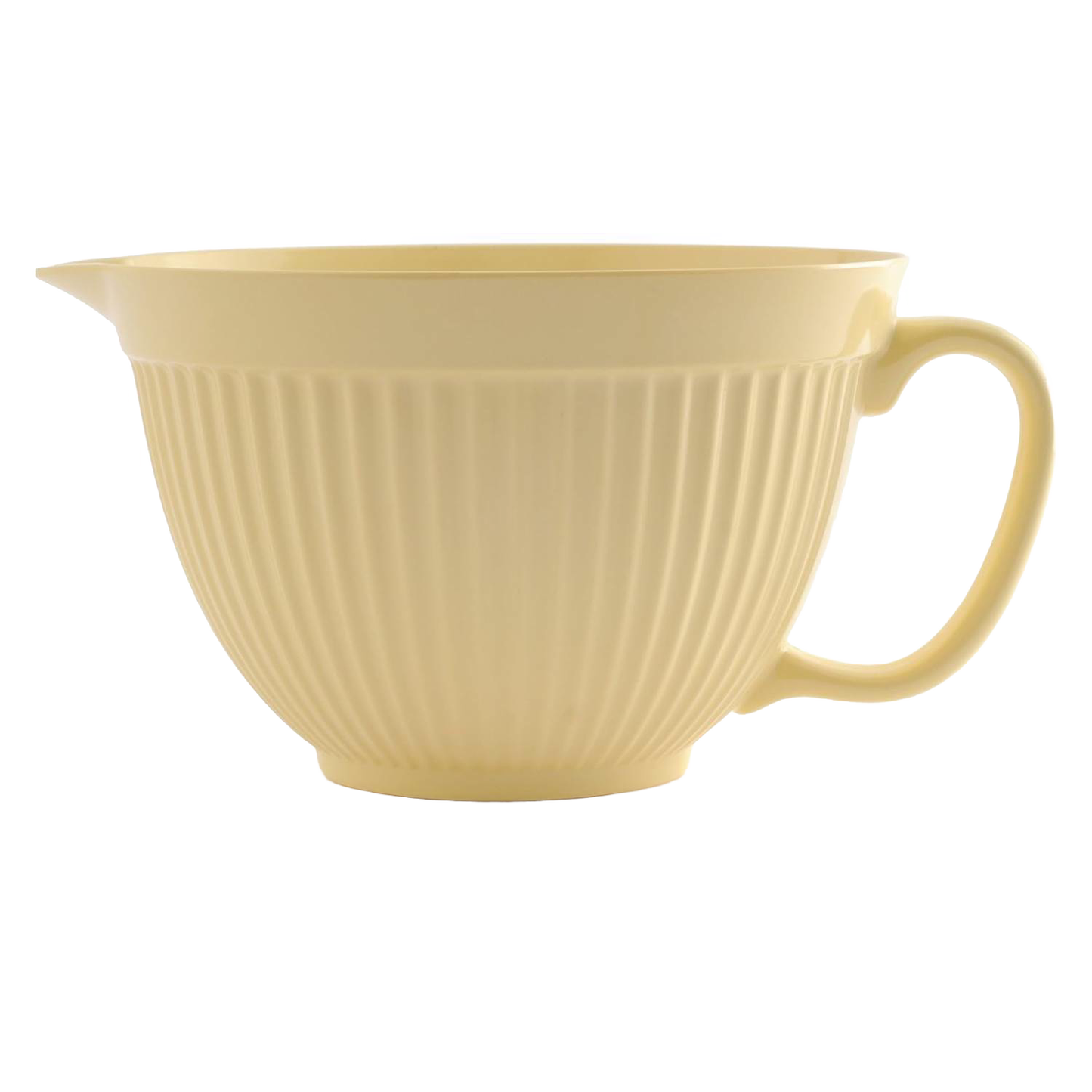Cream-colored 5 quart mixing bowl with grip handle and ribbed exterior in kitchenware collections under $50
