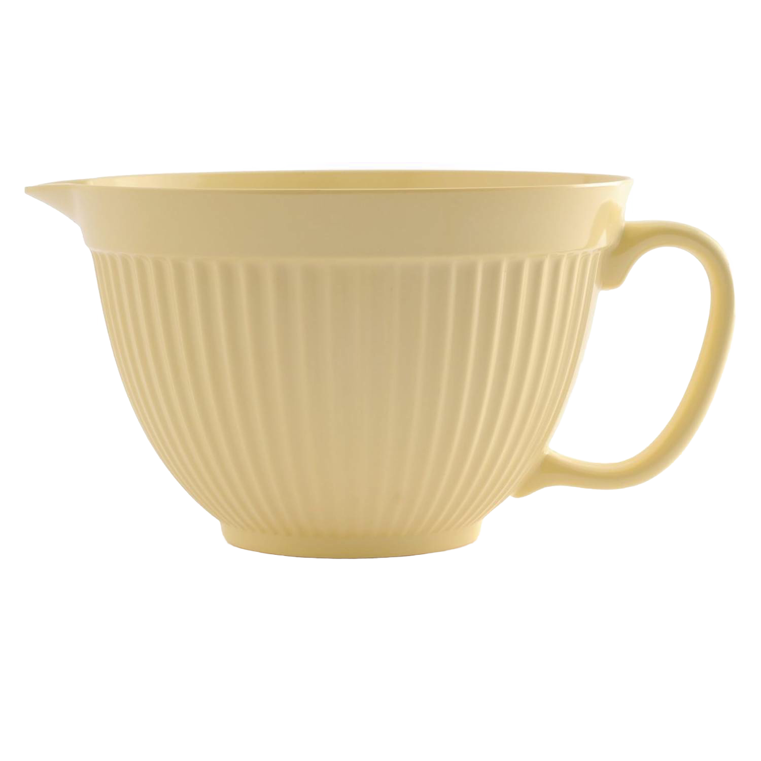 Cream-colored 5 quart mixing bowl with grip handle and ribbed exterior in kitchenware collections under $50