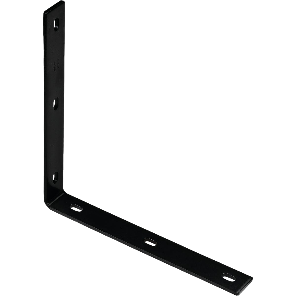 Black heavy-duty metal corner brace with pre-drilled holes for reinforcing 90-degree angles in building hardware.