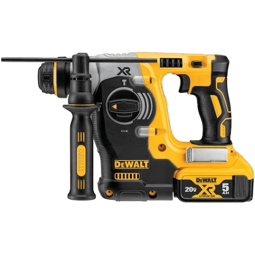 Yellow and black cordless rotary hammer drill with side handle and rechargeable battery for home improvement tools