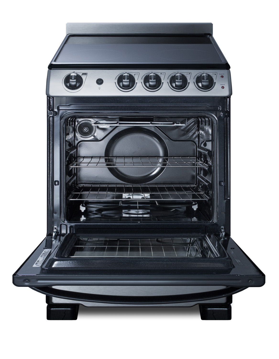 Open electric range with smooth-top surface, stainless steel controls, and spacious oven interior with racks and heating elements