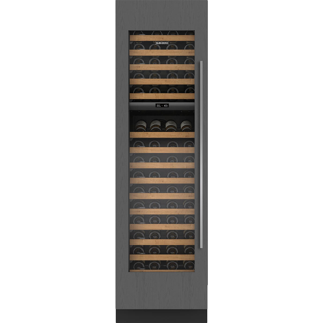 Tall built-in wine storage with dark wood door, glass panel, metal handle, and wooden racks in beverage centers collection