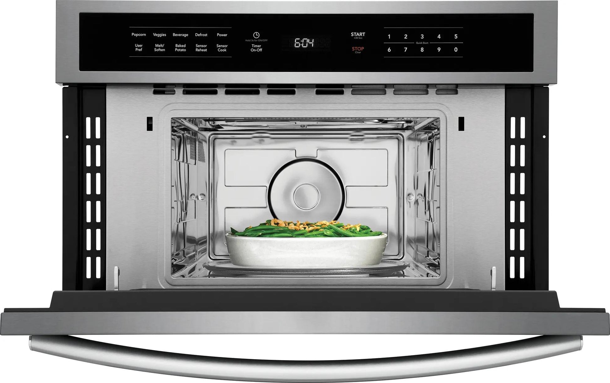 Stainless steel built-in microwave with drop-down door and sensor cooking controls from kitchen appliances collection