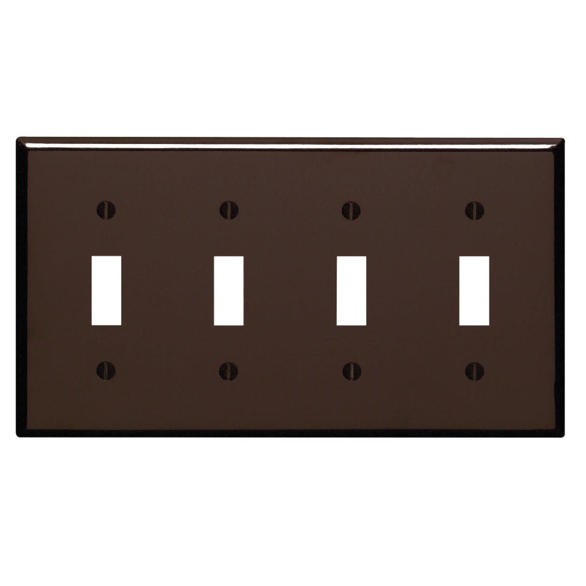 Brown plastic wall plate with four toggle switch openings and mounting screw holes for home improvement use