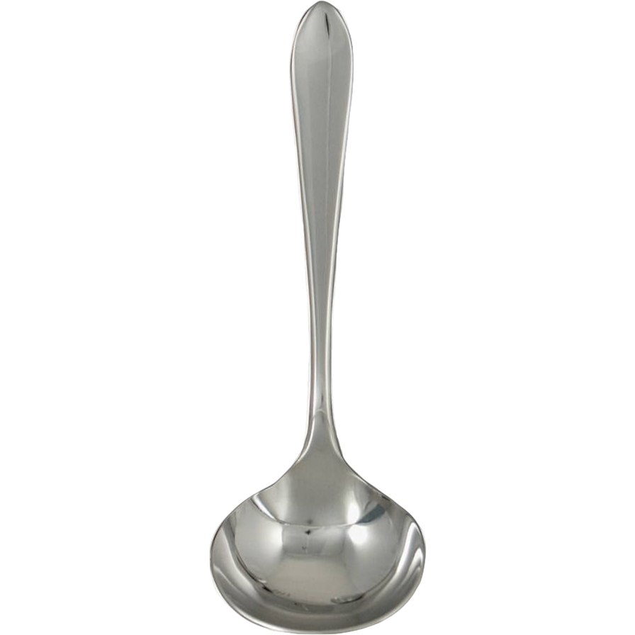 Polished stainless steel sauce ladle with a gently tapered handle for kitchenware and flatware collections under $50