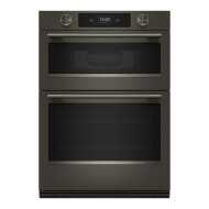 Front view of a 30-inch smart electric combo wall oven in Black Ore featuring dual compartments, digital controls, and a built-in cooking camera, part of KitchenAid appliances for home improvement and kitchenware.