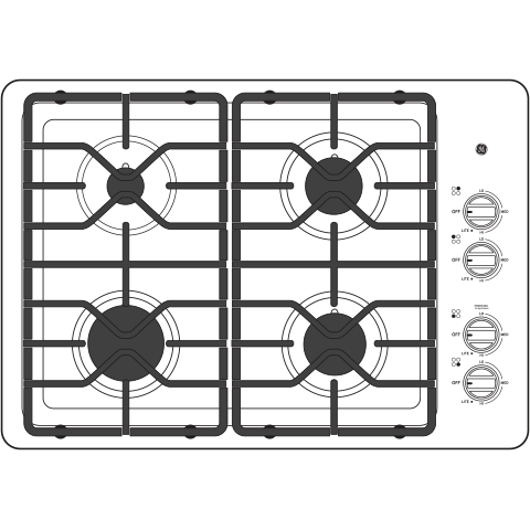 Top view of white built-in gas cooktop with four burners and dishwasher-safe grates in kitchenware appliance collection